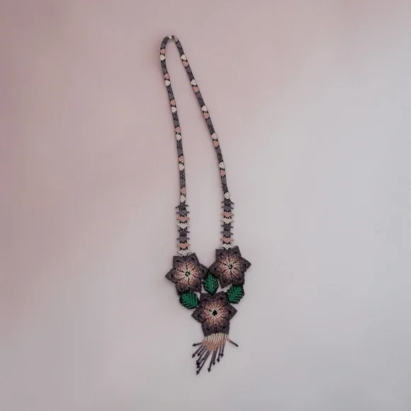 Handmade Beaded Floral Statement Necklace Mauve Pink Green Artisan Jewelry - Picture 3 of 7
